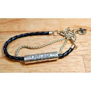 Vintage Bracelet Black Leather Bronze Tone Bible Verse John 3:16 Christian Cross